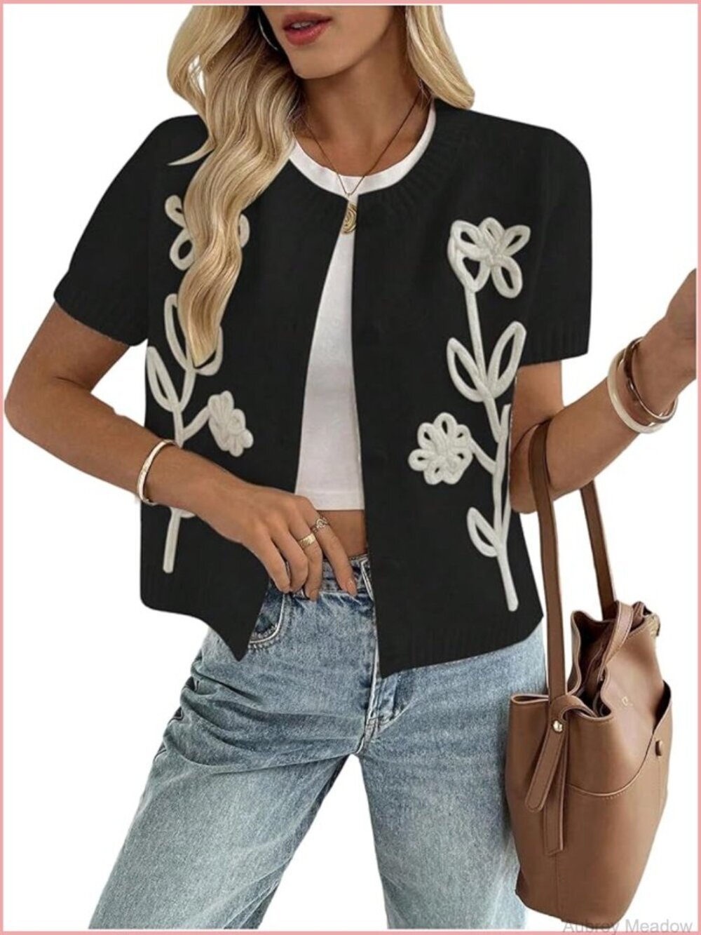 Floral Embroidery Button Up Lightweight Cardigan Short Sleeve Sweater